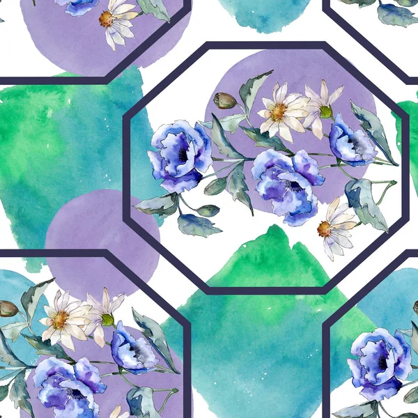 水彩蓝色花束的罂粟花。花卉植物花卉。无缝的背景模式. — 图库照片