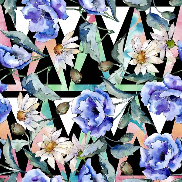 Suluboya mavi haşhaş çiçek buketi. Botanik çiçek. Sorunsuz arka plan deseni. — Stok fotoğraf