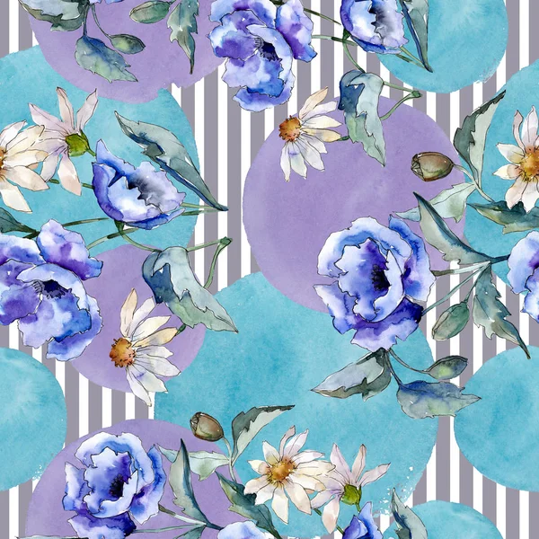 Watercolor blue bouquet of poppy flower. Floral botanical flower. Seamless background pattern. — Stock Photo, Image