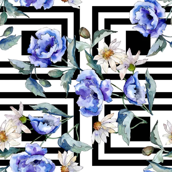 Ακουαρέλα μπουκέτο μπλε παπαρούνας. Floral βοτανικό λουλούδι. Απρόσκοπτη υπόβαθρο μοτίβο. — Φωτογραφία Αρχείου