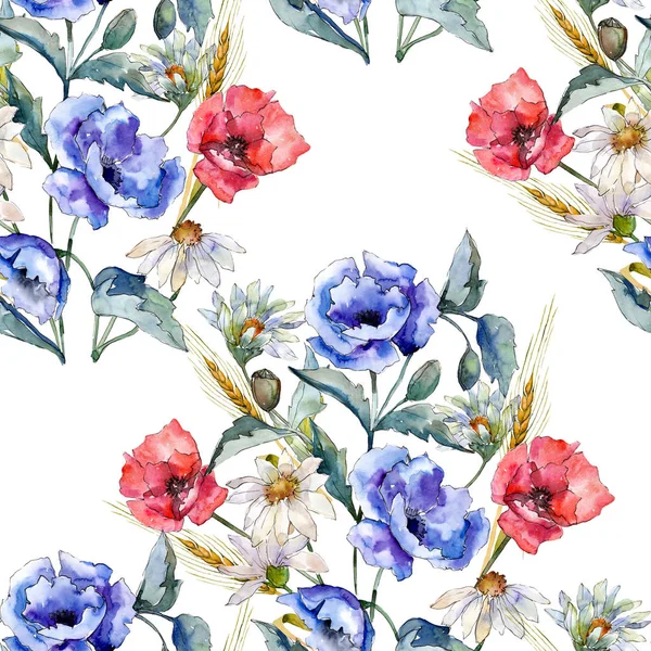Suluboya mavi haşhaş çiçek buketi. Botanik çiçek. Sorunsuz arka plan deseni. — Stok fotoğraf