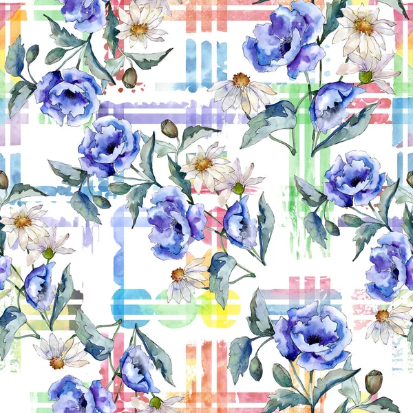 Watercolor blue bouquet of poppy flower. Floral botanical flower. Seamless background pattern. — Stock Photo, Image