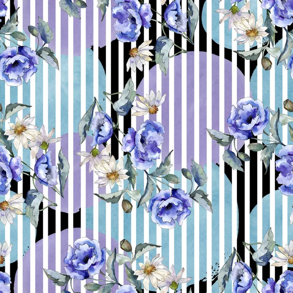 Akwarela bukiet niebieski kwiat maku. Botaniczny kwiat kwiatowy. Bezszwowe tło wzór. — Zdjęcie stockowe
