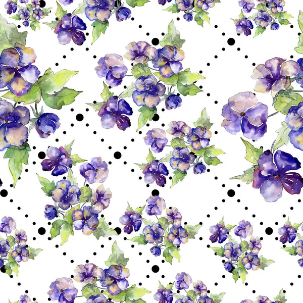 ビオラの花の水彩画紫の花束。花植物の花。シームレスな背景パターン. — ストック写真