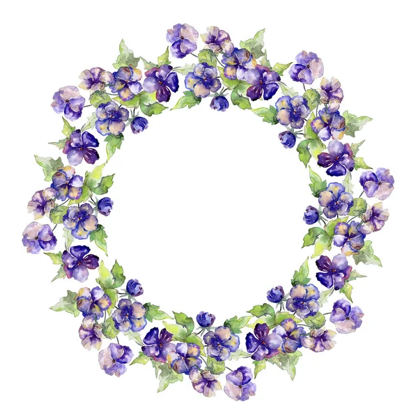 Akvarel fialový kytice květiny viola. Květinové botanické květin. Frame hranice ozdoba náměstí. — Stock fotografie