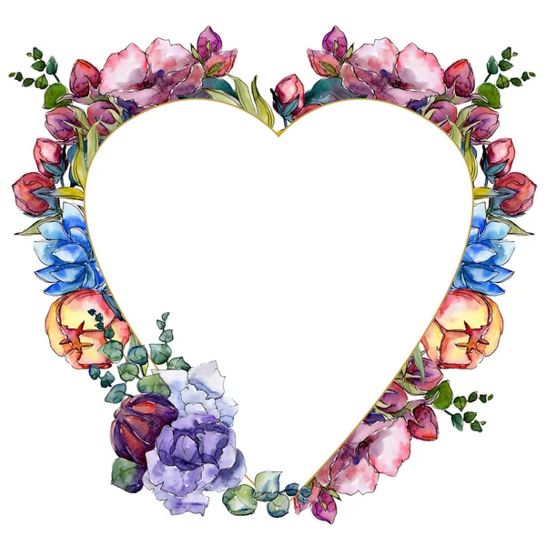 Aquarel kleurrijke boeket bloemen. Floral botanische bloem. Frame grens ornament vierkant. — Stockfoto