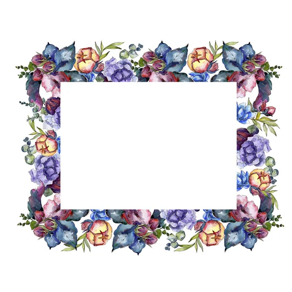 Flor de buquê colorido aquarela. Floral flor botânica. Quadro borda ornamento quadrado . — Fotografia de Stock