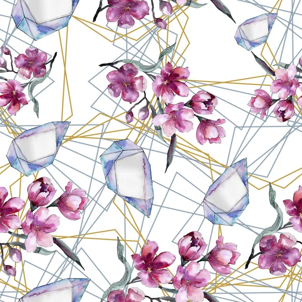 ピンクの花の水彩画の花束。花植物の花。シームレスな背景パターン. — ストック写真