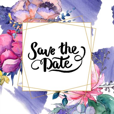 Sulu boya renkli buket karışımı. Botanik çiçek. Çerçeve kenarlığı süsleme Meydanı. 