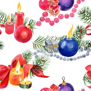 Christmas kış tatil mumlar ve Noel oyuncaklar izole bir suluboya tarzında. Sorunsuz arka plan deseni.