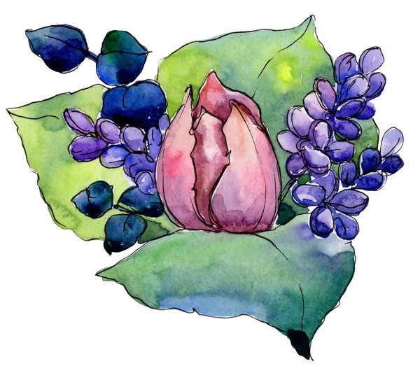 Sulu boya renkli buket çiçek. Botanik çiçek. İzole illüstrasyon öğesi. — Stok fotoğraf