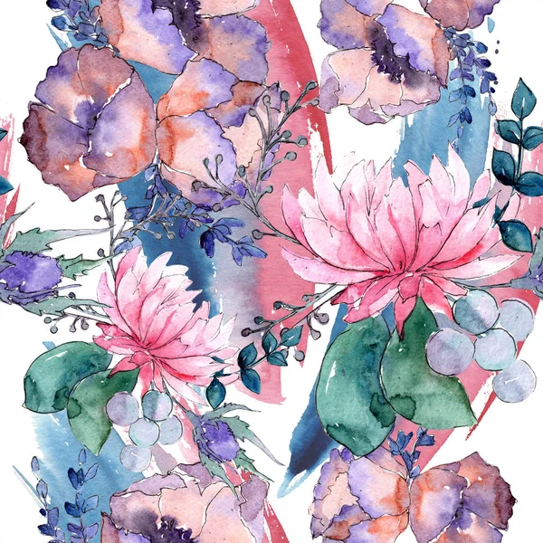 Ακουαρέλα πολύχρωμο μπουκέτο λουλούδια μίγμα. Floral βοτανικό λουλούδι. Απρόσκοπτη υπόβαθρο μοτίβο. — Φωτογραφία Αρχείου
