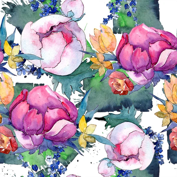 Watercolor colorful bouquet of mix flowers. Floral botanical flower. Seamless background pattern. — Stock Photo, Image