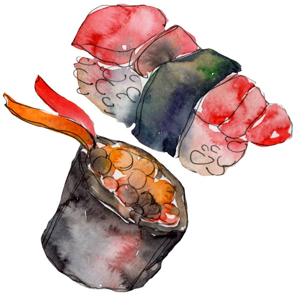 Ensemble de sushi aquarelle de belle illustration japonaise savoureuse de sushi. Objets dessinés à la main isolés sur fond blanc . — Photo