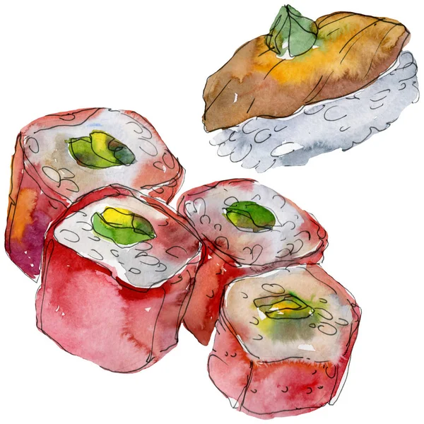 Ensemble de sushi aquarelle de belle illustration japonaise savoureuse de sushi. Objets dessinés à la main isolés sur fond blanc . — Photo