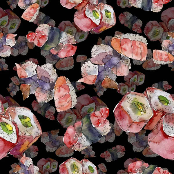 Güzel lezzetli Japon Suşi illüstrasyon suluboya suşi kümesi. Sorunsuz arka plan deseni. — Stok fotoğraf