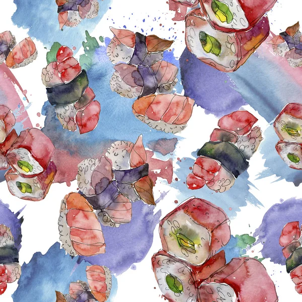 水彩寿司一套美丽的美味日本寿司例证。无缝的背景模式. — 图库照片