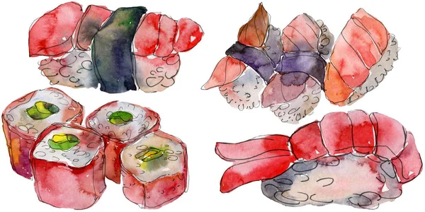 Ensemble de sushi aquarelle de belle illustration japonaise savoureuse de sushi. Objets dessinés à la main isolés sur fond blanc . — Photo