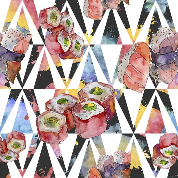 Conjunto de sushi acuarela de hermosa sabrosa ilustración de sushi japonés. Patrón de fondo sin costuras . —  Fotos de Stock