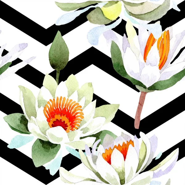 Acuarela flor de loto blanco. Flor botánica floral. Patrón de fondo sin costuras . — Foto de Stock