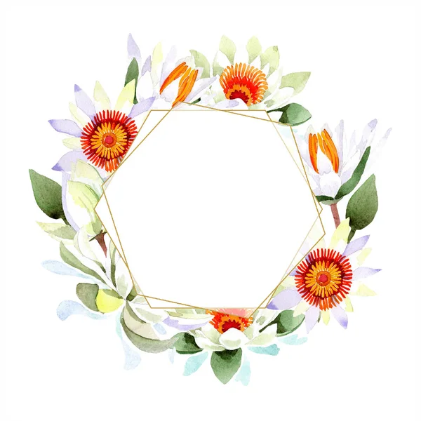 Aquarela flor de lótus branco. Floral flor botânica. Quadro borda ornamento quadrado . — Fotografia de Stock