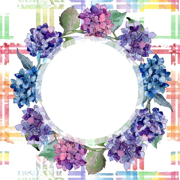 Watercolor purple gortenzia flower. Floral botanical flower. Frame border ornament square. — Stock Photo, Image