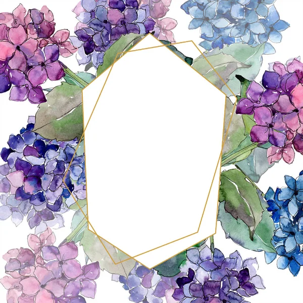 Květinový akvarel fialový gortenzia. Květinové botanické květin. Frame hranice ozdoba náměstí. — Stock fotografie