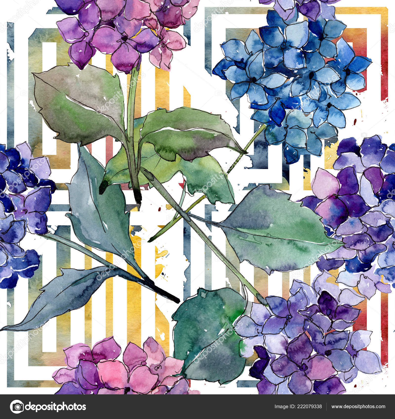 水彩紫 Gortenzia 花 花植物の花 シームレスな背景パターン ストック写真 C Mystocks