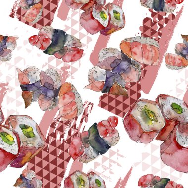 Güzel lezzetli Japon Suşi illüstrasyon suluboya suşi kümesi. Sorunsuz arka plan deseni.