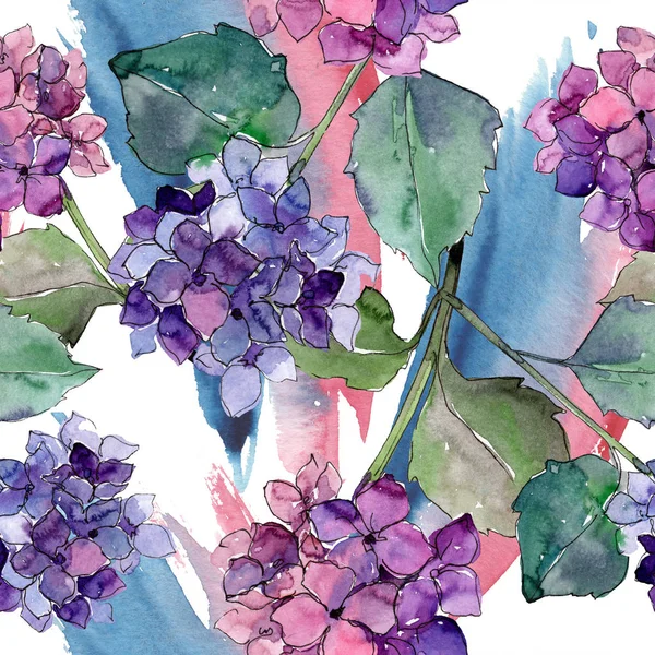 Watercolor purple gortenzia flower. Floral botanical flower. Seamless background pattern. — Stock Photo, Image