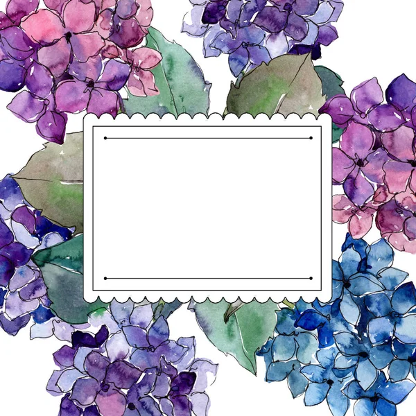 Aquarel paarse gortenzia bloem. Floral botanische bloem. Frame grens ornament vierkant. — Stockfoto