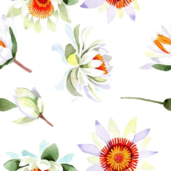 Acuarela flor de loto blanco. Flor botánica floral. Patrón de fondo sin costuras . — Foto de Stock
