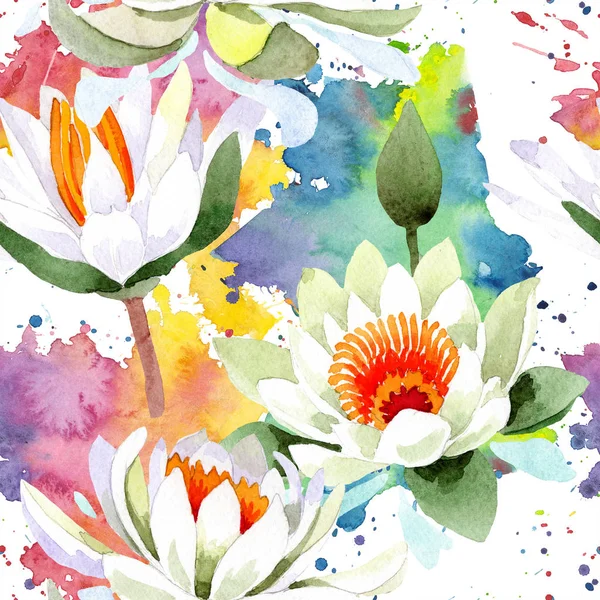 Watercolor white lotus flower. Floral botanical flower. Seamless background pattern.