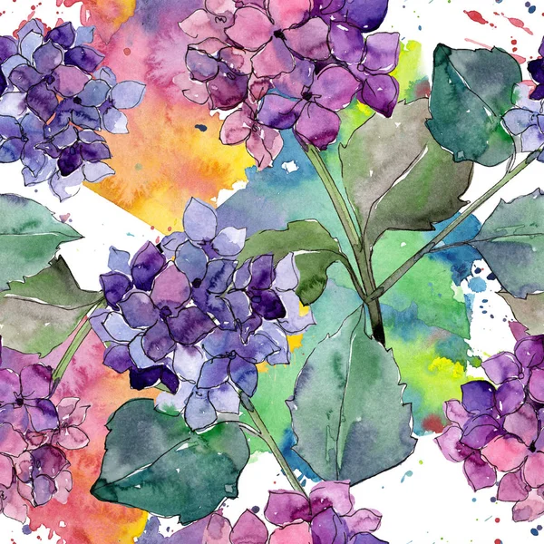 Watercolor purple gortenzia flower. Floral botanical flower. Seamless background pattern. — Stock Photo, Image