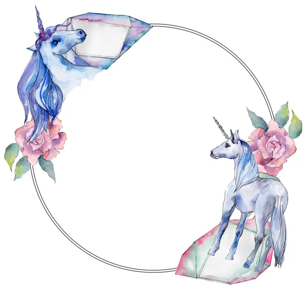 Schattig unicorn paard. Fairytale kinderen zoete droom. Regenboog dierlijke hoorn karakter. Frame grens ornament vierkant. — Stockfoto