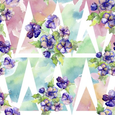 Viola çiçek suluboya mor buket. Botanik çiçek. Sorunsuz arka plan deseni.