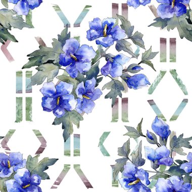 Suluboya mavi haşhaş çiçek buketi. Botanik çiçek. Sorunsuz arka plan deseni.