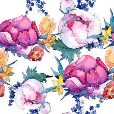 Sulu boya renkli buket karışımı. Botanik çiçek. Sorunsuz arka plan deseni. 