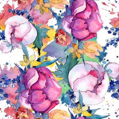 Sulu boya renkli buket karışımı. Botanik çiçek. Sorunsuz arka plan deseni. 