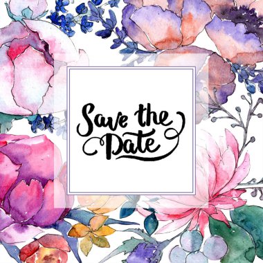 Sulu boya renkli buket karışımı. Botanik çiçek. Çerçeve kenarlığı süsleme Meydanı. 