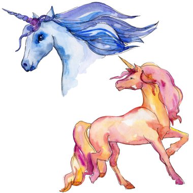 Şirin tek boynuzlu at. Peri masalı çocuk tatlı rüya. Gökkuşağı hayvan boynuz karakter. İzole illüstrasyon öğesi.