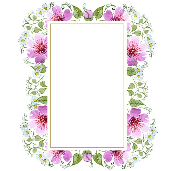Akvarell ornamet av rosa blomma. Blommig botaniska blomma. Ram gränsen prydnad square. — Stockfoto
