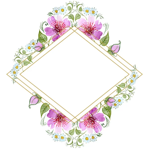Watercolor ornamet of pink flower. Floral botanical flower. Frame border ornament square. — Stock Photo, Image