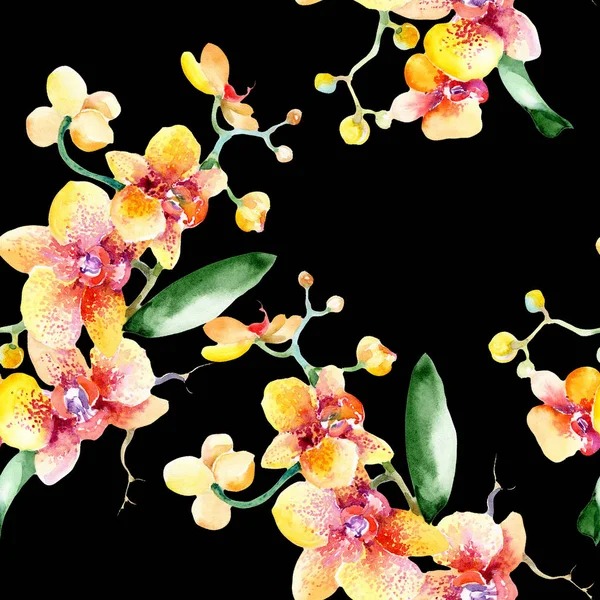 Akvarell orange bukett av orkidé. Blommig botaniska blomma. Sömlös bakgrundsmönster. — Stockfoto