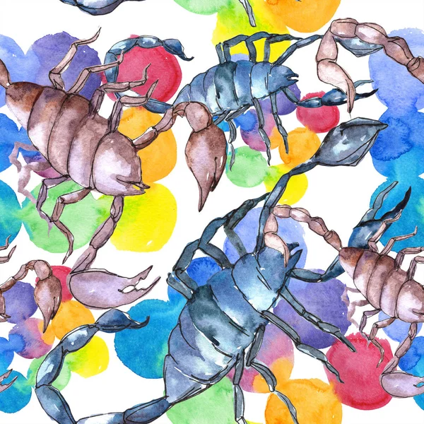Scorpion egzotyczny dziki owadów w stylu przypominającym akwarele na białym tle. Bezszwowe tło wzór. — Zdjęcie stockowe