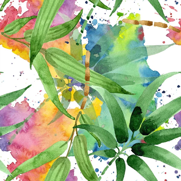 Bamboo green leaf. Leaf plant botanical garden floral foliage. Seamless background pattern.
