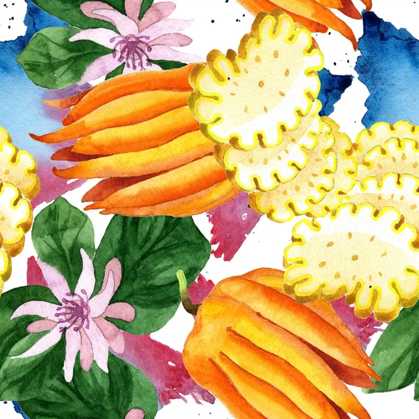 Exotic tropical plant wild fruit in a watercolor style isolated. Seamless background pattern. Full name of the fruit: Buddha fingers. Aquarelle wild fruit for background, texture, wrapper pattern.