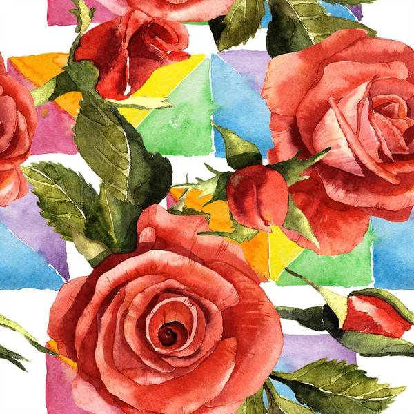 수채화 빨간 장미 꽃입니다. 꽃 식물 꽃입니다. 원활한 배경 패턴. — 스톡 사진