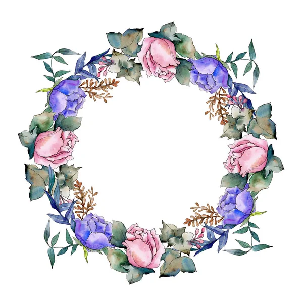 Aquarell bunten Strauß gemischter Blumen. Blütenbotanische Blume. Rahmen Rand Ornament Quadrat. — Stockfoto