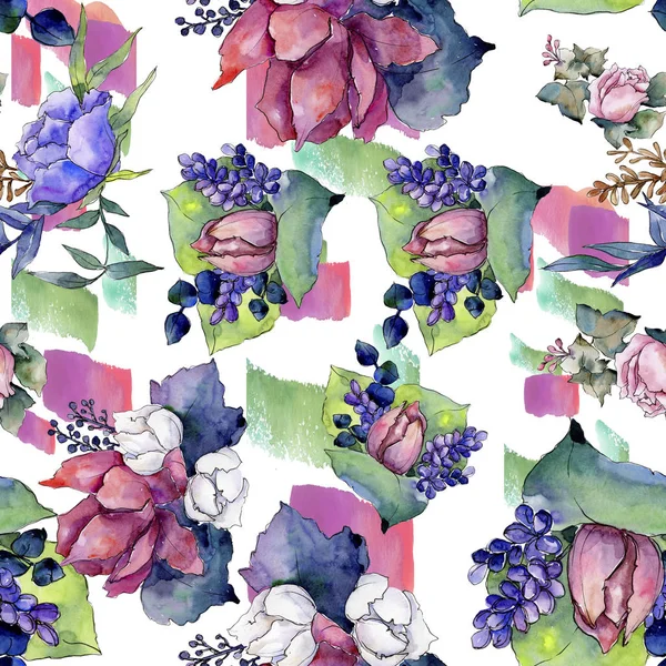 Watercolor colorful bouquet of mix flowers. Floral botanical flower. Seamless background pattern. — Stock Photo, Image